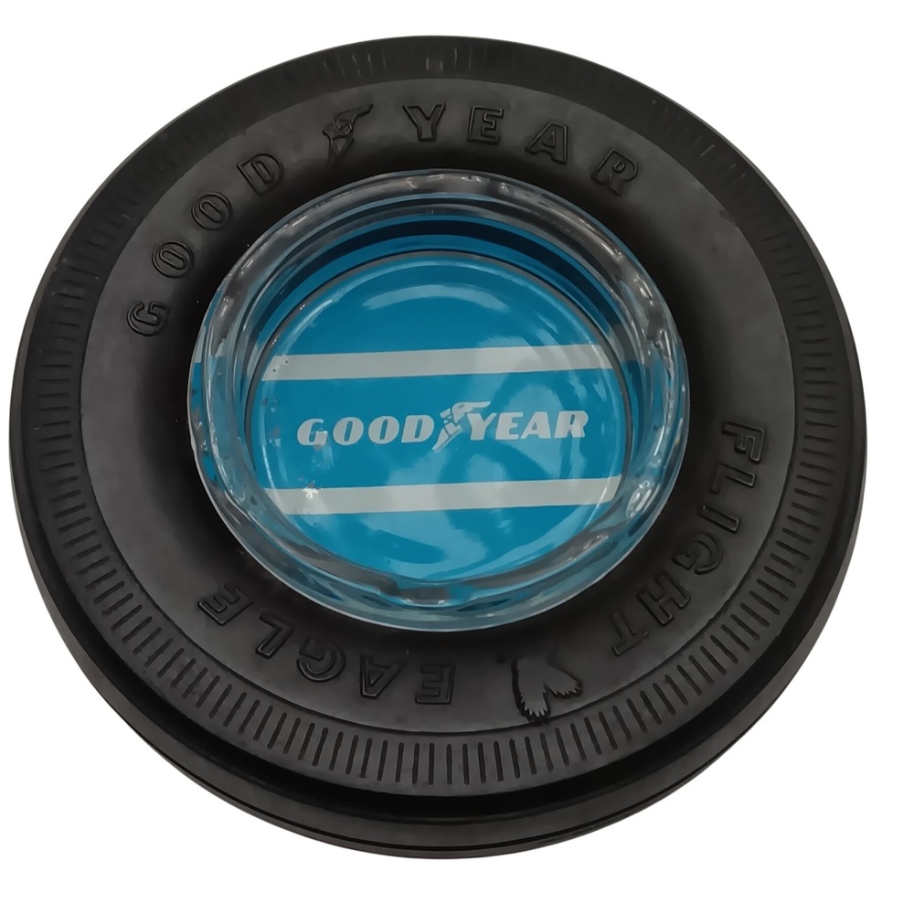 Vintage Goodyear Flight Eagle Tire Ashtray Glass Insert Rubber Aviation Racing